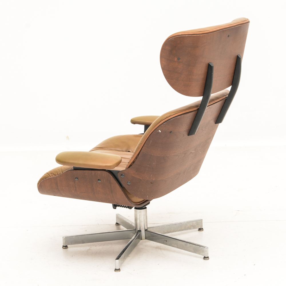 Eames Style Laminated Walnut and Leather Lounge Chair and Ottoman | EBTH