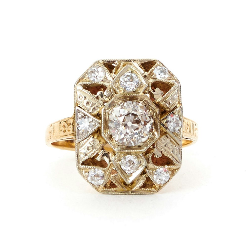 Art Deco 14K Yellow Gold Old Mine Cut Diamond Ring : EBTH