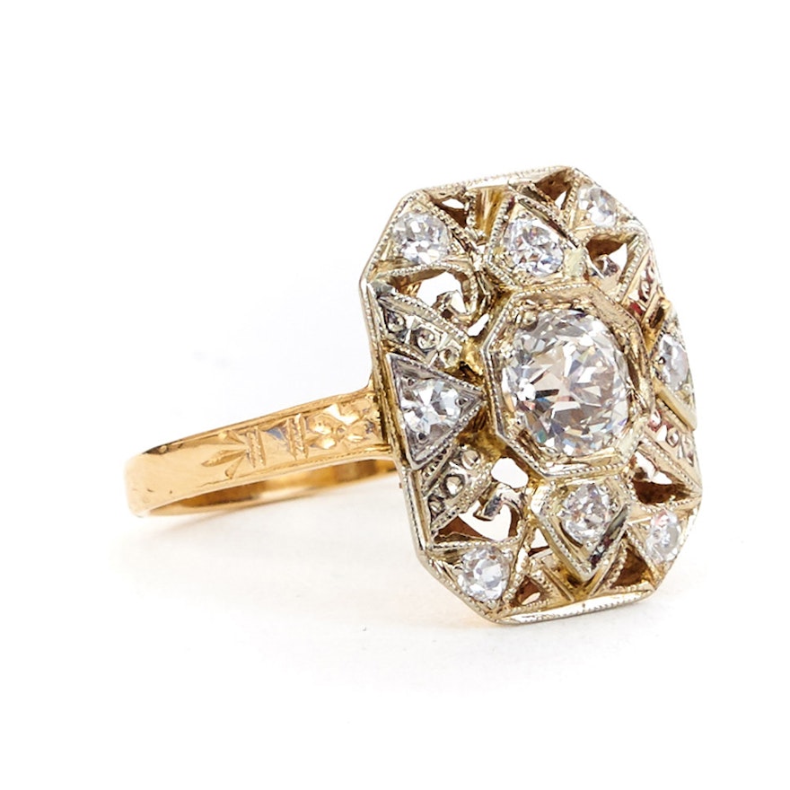 Art Deco 14K Yellow Gold Old Mine Cut Diamond Ring : EBTH