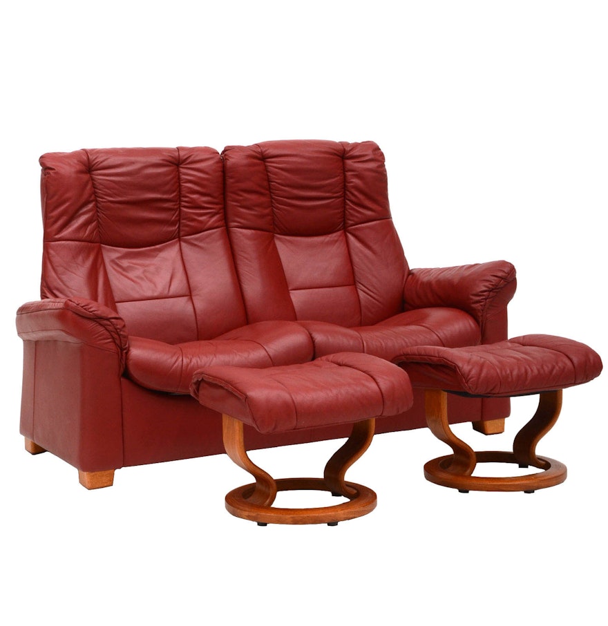 Danish Modern Style Red Leather Reclining Loveseat With Two - Danish Modern Style Red Leather Reclining Loveseat With Two Ottomans danish modern style red leather reclining loveseat with two - danish modern style red leather reclining loveseat with two ottomans