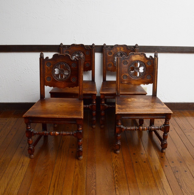 Set Of Four Antique Oak English Pub Chairs