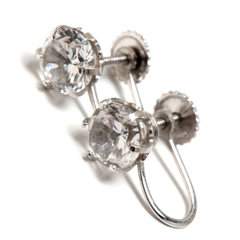 14K White Gold Colorless Sapphire Screw Back ClipOn Earrings EBTH