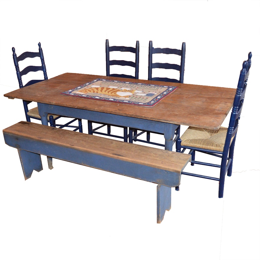 Primitive Style Dining Table Bench And Four Ladder Back Chairs