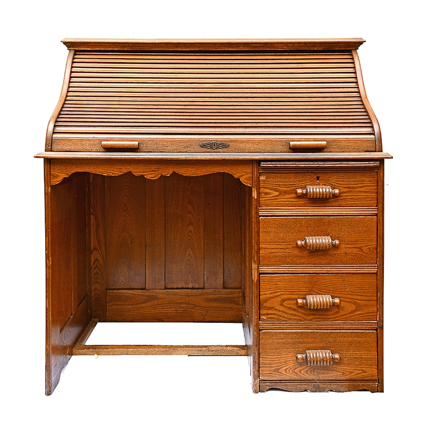 Circa 1900 Oak Single Pedestal Rolltop Desk Ebth
