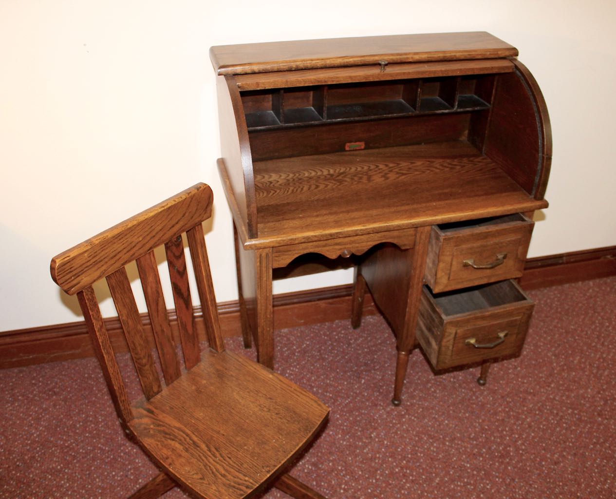 Child's Vintage "Collegiate" Oak Roll Top Desk and Chair EBTH