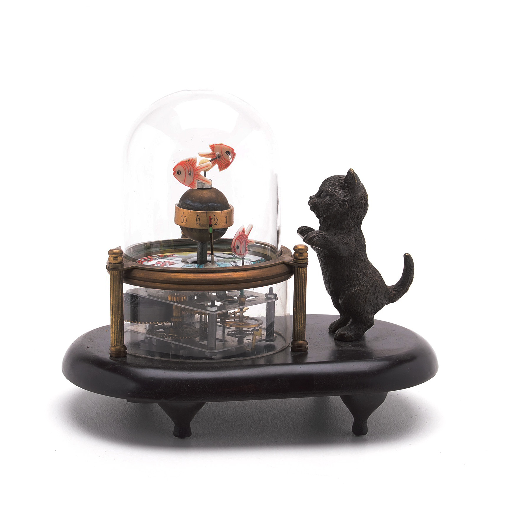 Double Animated "Kitten Watching Fish" Mechanical Clock EBTH