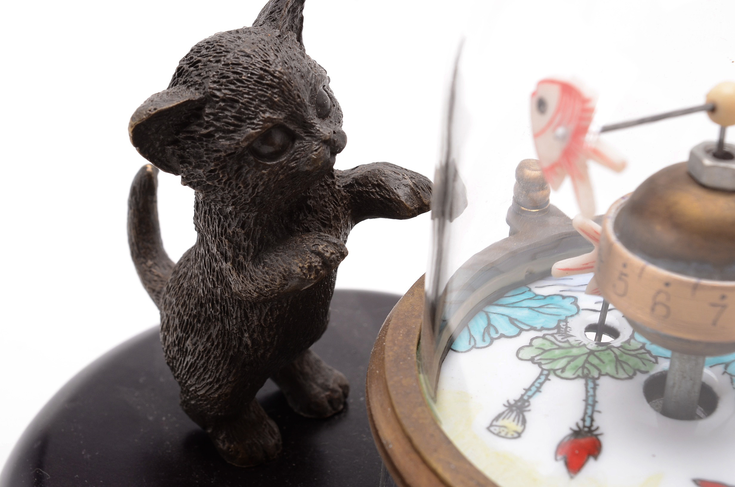 Double Animated "Kitten Watching Fish" Mechanical Clock EBTH