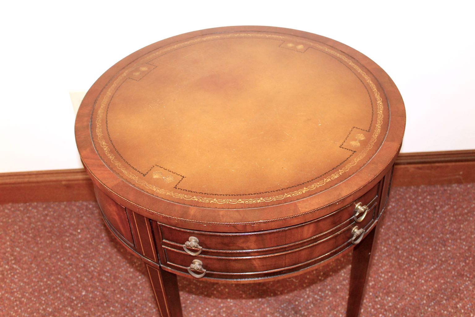 Round Vintage Leather Top Side Table EBTH