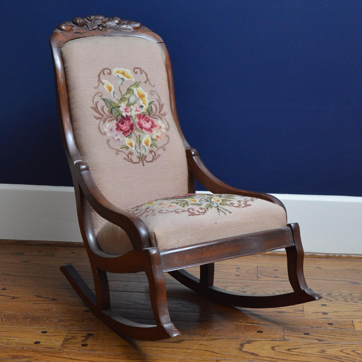 Carved Wood Needlepoint Upholstered Rocking Chair EBTH