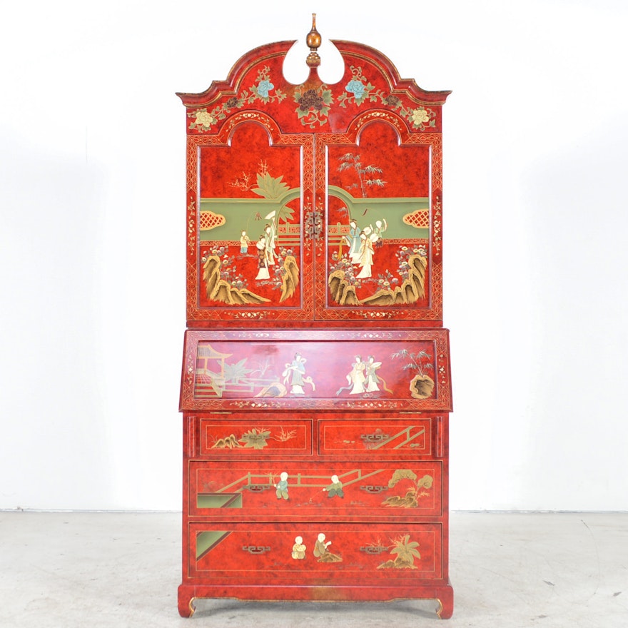 Chinese Inspired Lacquer Secretary Desk With Bookcase Ebth