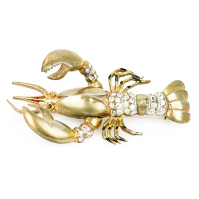Gold Tone Lobster Brooch with Rhinestones