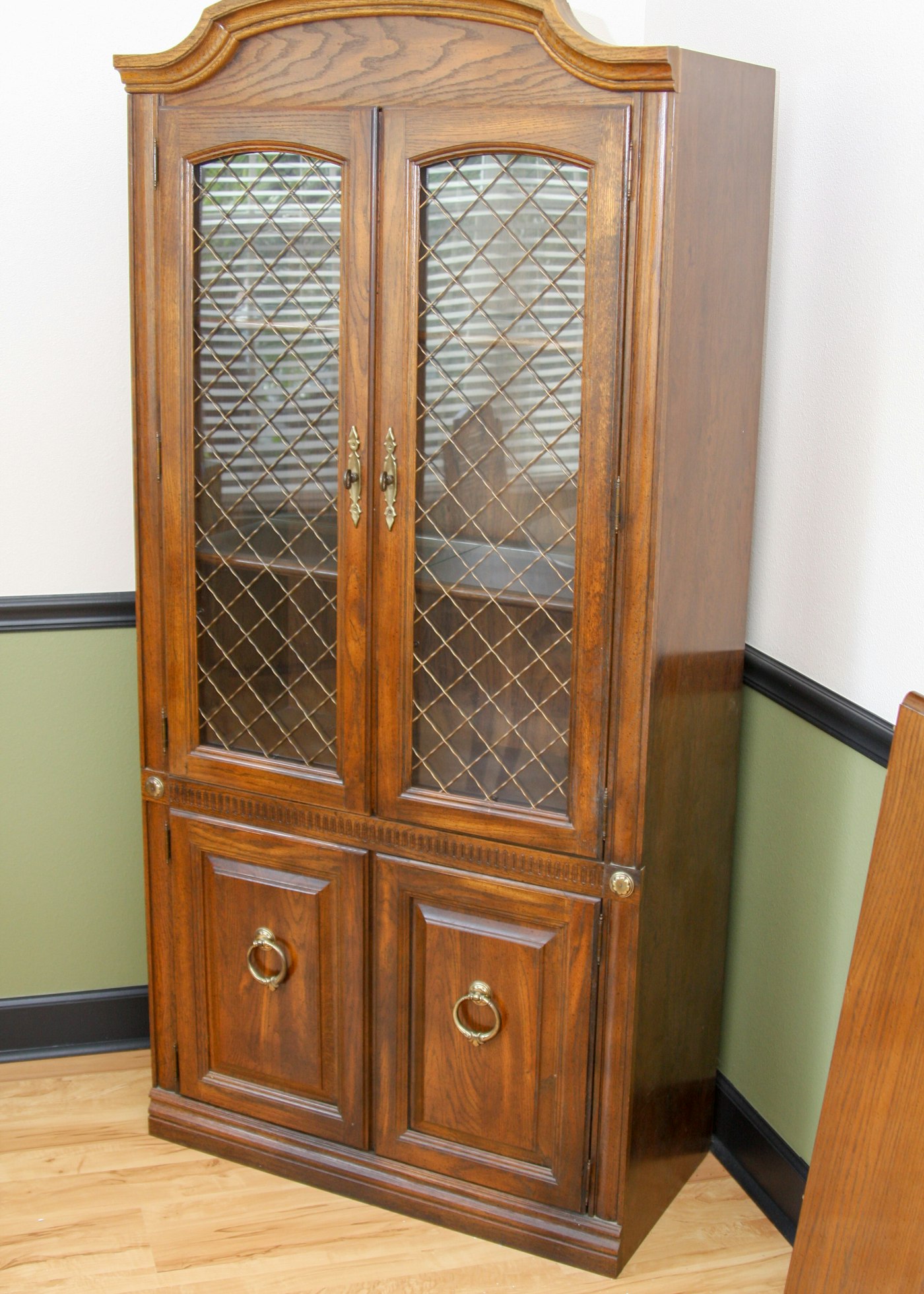 Vintage Aged Oak Finish China Cabinet With Wire Mesh Door ...