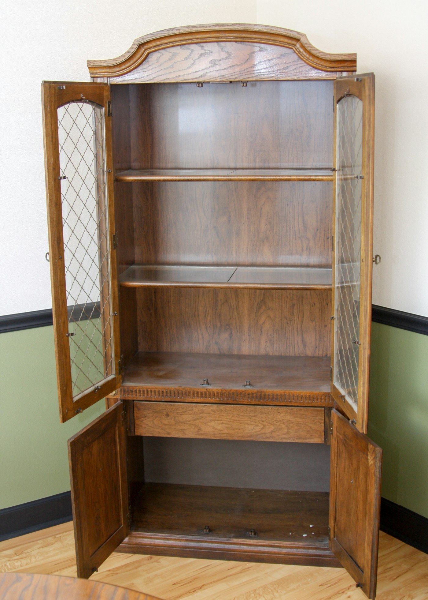 Vintage Aged Oak Finish China Cabinet With Wire Mesh Door ...