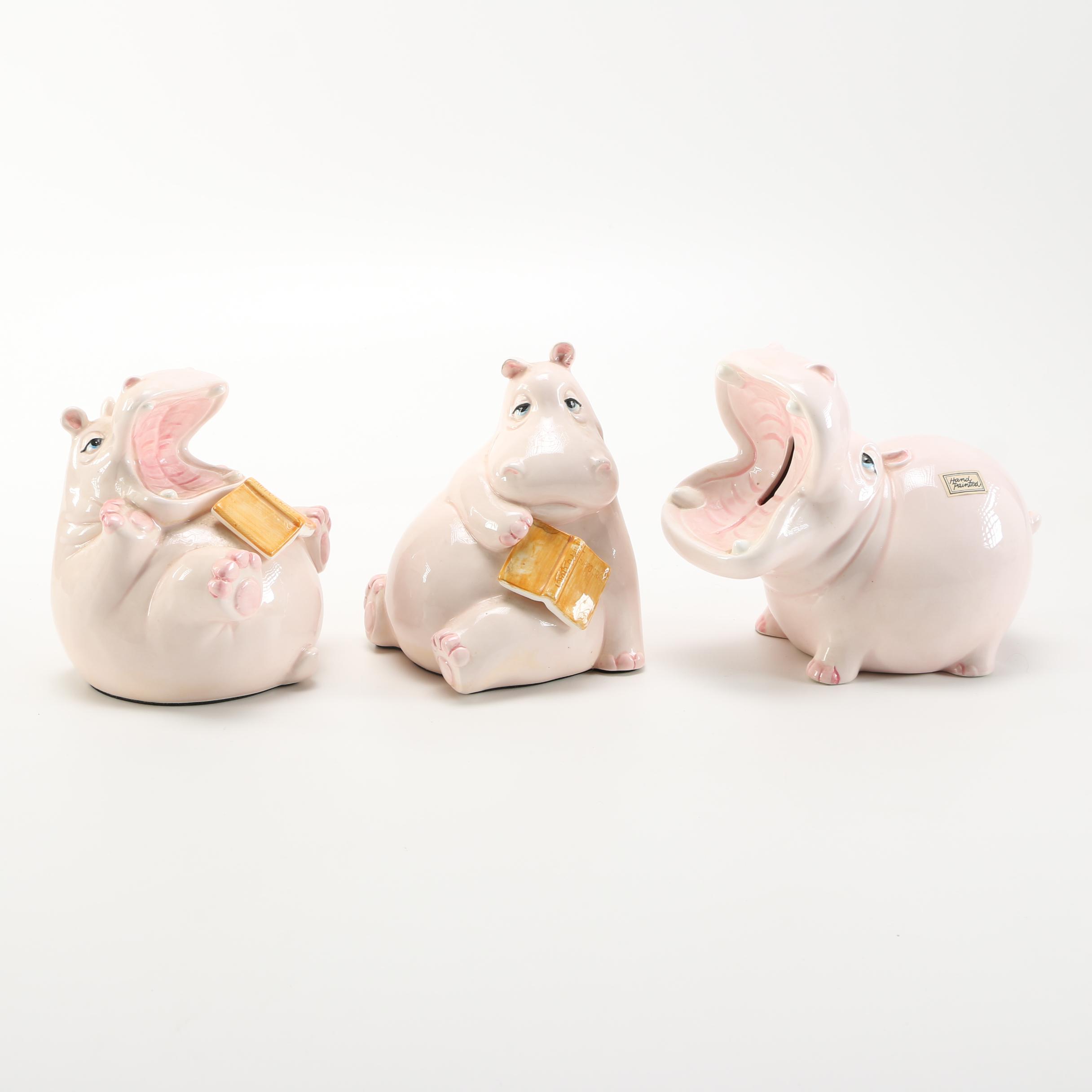 Circa 1980 Fitz and Floyd Hippo Bookends and Coin Bank EBTH