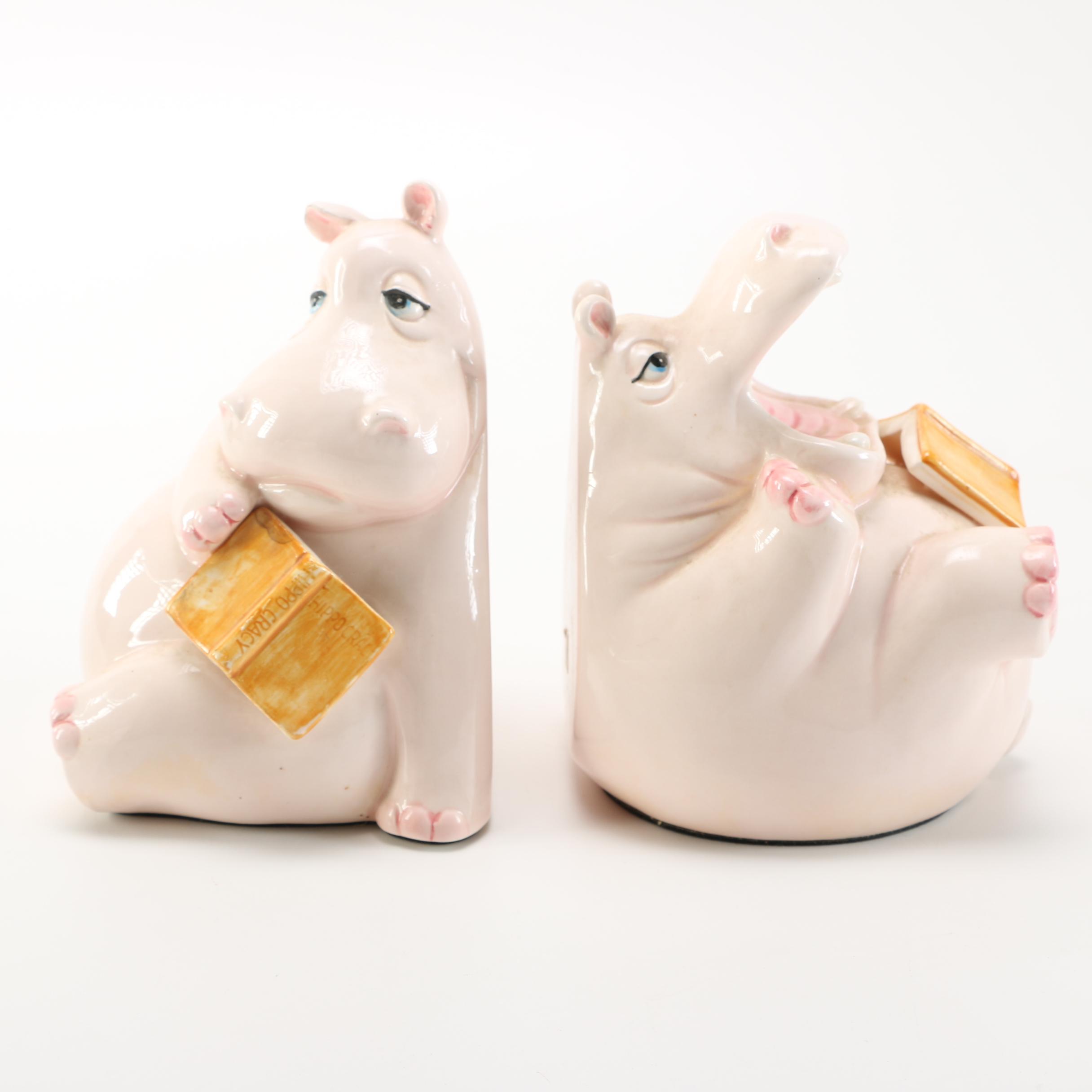 Circa 1980 Fitz and Floyd Hippo Bookends and Coin Bank EBTH