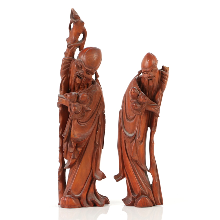 Pair of Chinese Rosewood Carvings of Shouxing the God of Longevity