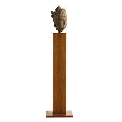 19th Century Bodhisattva Bust on Wooden Pedestal