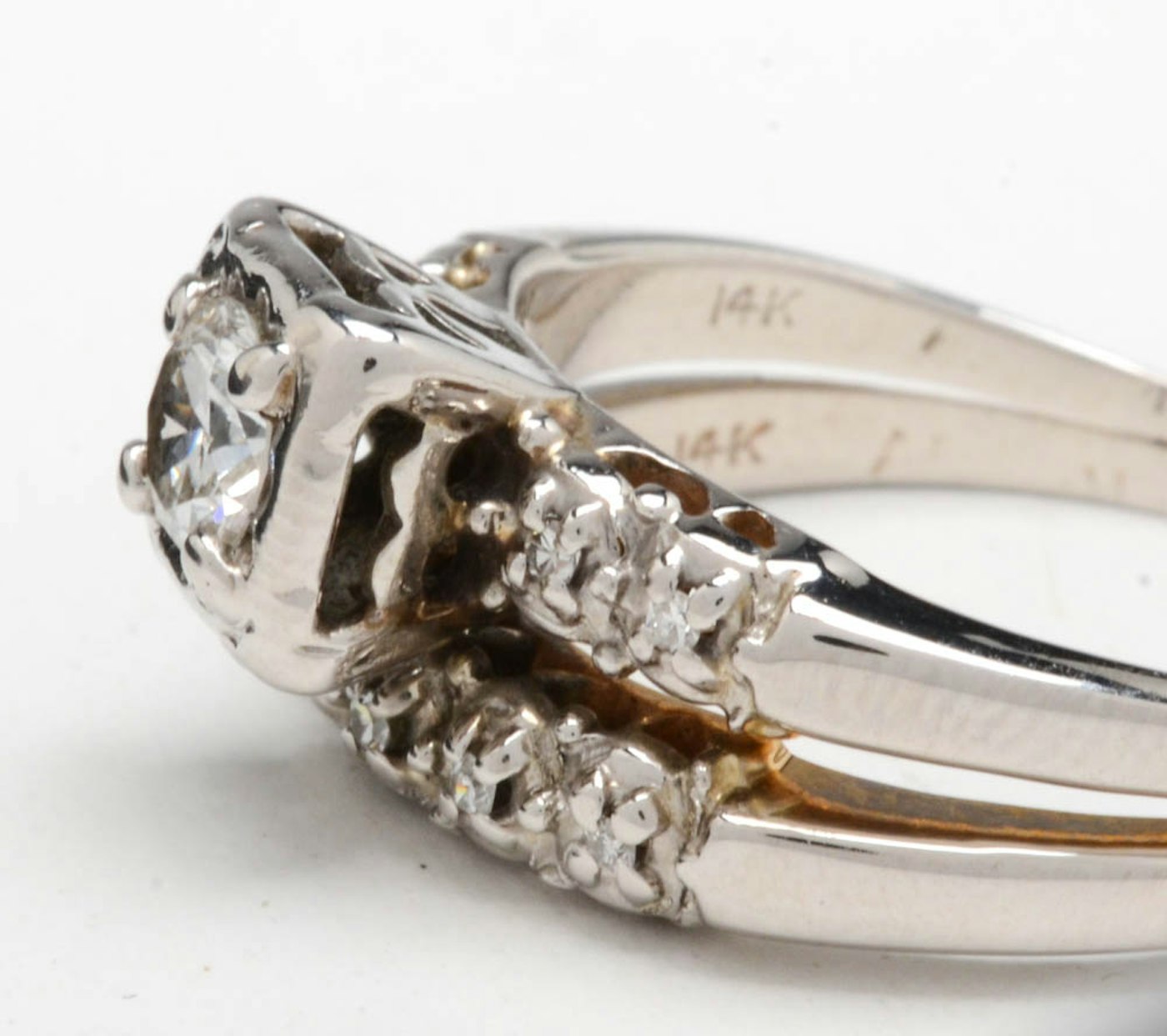 Vintage 14K White Gold Diamond Wedding Ring Conjoined Set | EBTH