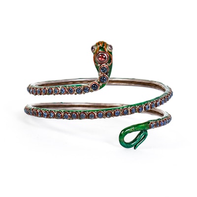 Vintage Multi-Stone, Enamel and Sterling Silver Snake Arm Cuff