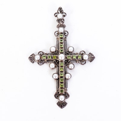 Vintage Peridot, Freshwater Cultured Pearl and Sterling Silver Cross Vintage Peridot, Freshwater Cultured Pearl and Sterling Silver Cross