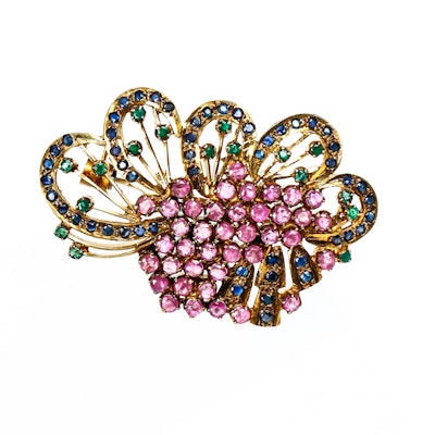 Vintage Ruby, Sapphire, and Emerald and Vermeil Brooch