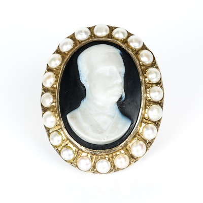 Antique Black Onyx Hard Stone Cameo in Vermeil with Pearl Border
