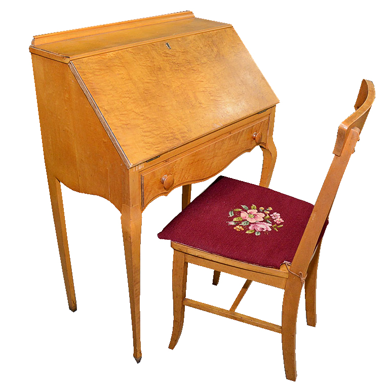 Birdseye Maple Veneer Writing Desk And Chair Ebth