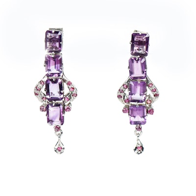 Vintage Amethyst, Ruby, and Silver Drop Earrings Vintage Amethyst, Ruby, and Silver Drop Earrings