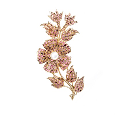 Vintage Garnet Freshwater Pearl and Vermeil  Floral Brooch