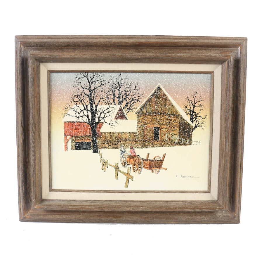 After H Hargrove Serigraph On Canvas Winter Barn Scene Ebth