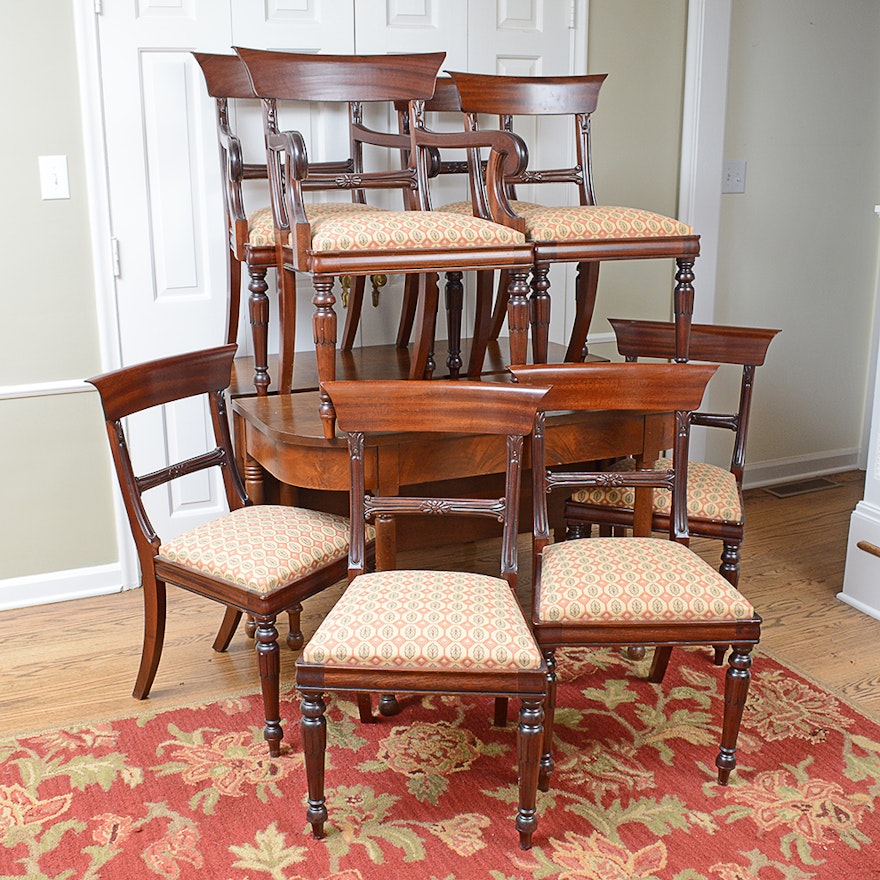 Antique Sheraton Style Two Part Dining Table With Italian Mahogany Antique Sheraton Style Two Part Dining Table With Italian Mahogany Chairs Ebth