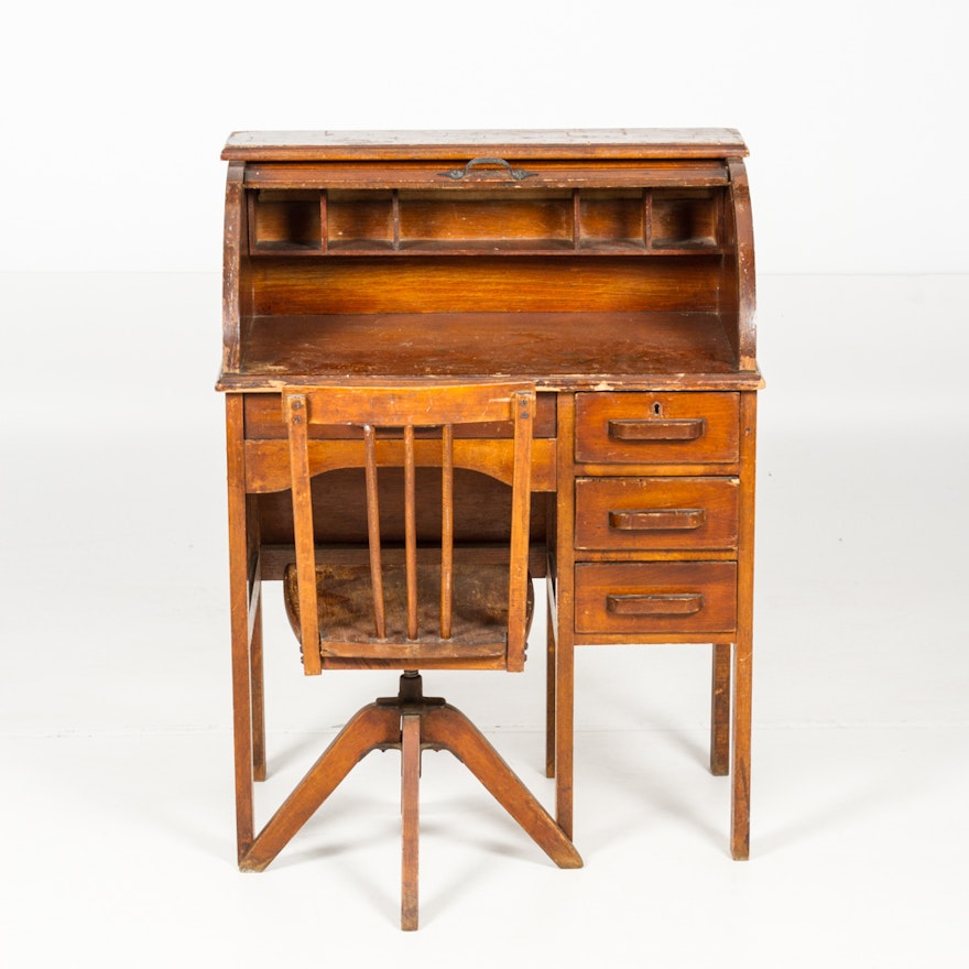 Vintage Child S Roll Top Desk And Chair Ebth