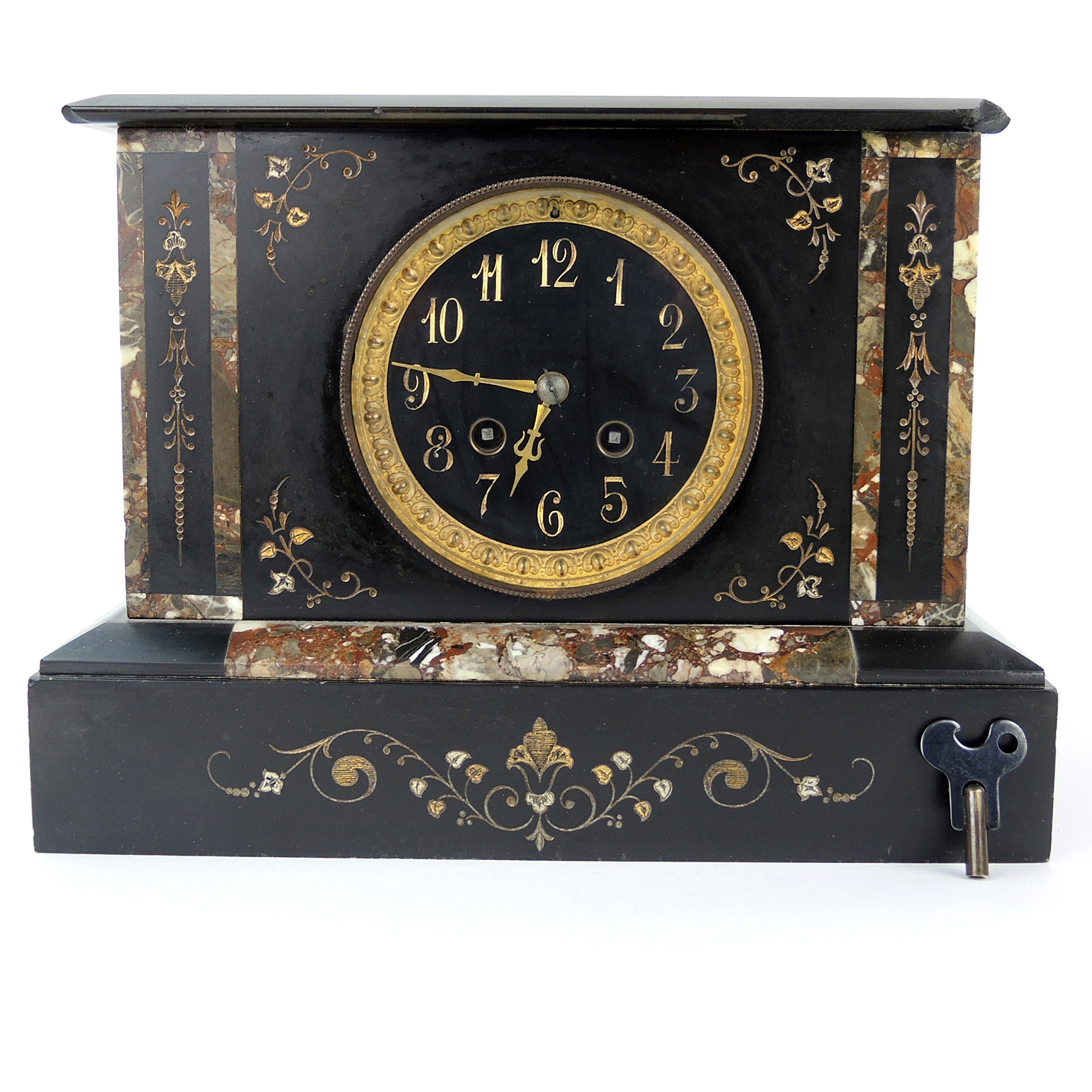 Antique Black Marble Stone Inlay Mantel Clock EBTH