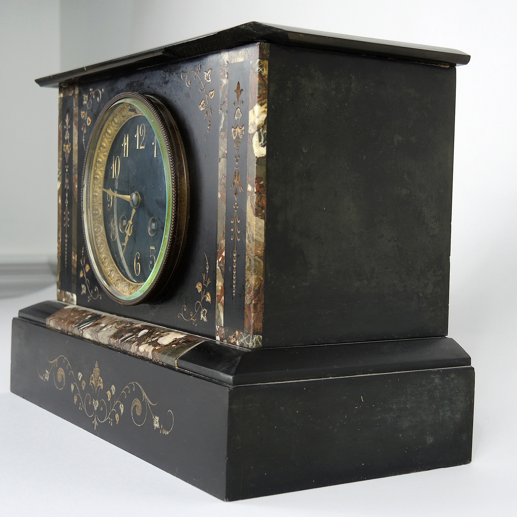 Antique Black Marble Stone Inlay Mantel Clock EBTH