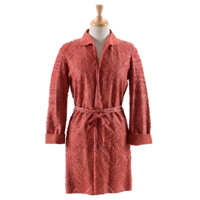 Fendi Suede Leather Hand Textured Knee-Length Coat in Coral