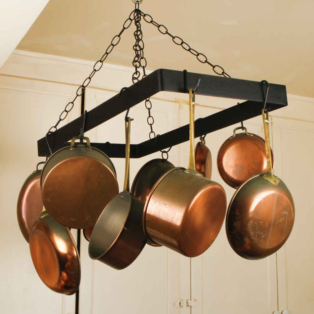 Cast Iron Pot  Rack  and Copper  Pots  EBTH