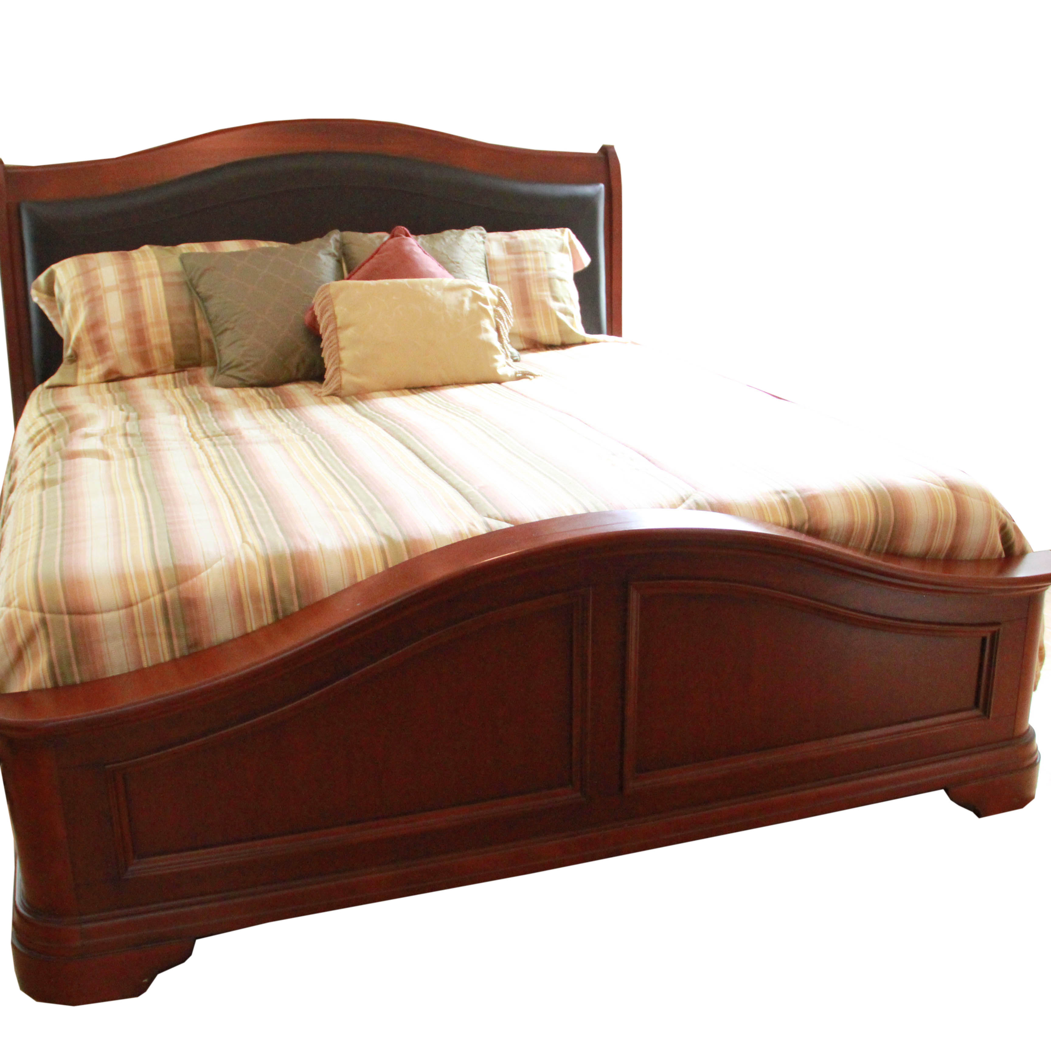 King Size Mahogany Tone Bed Frame with Faux Leather Cushion Headboard