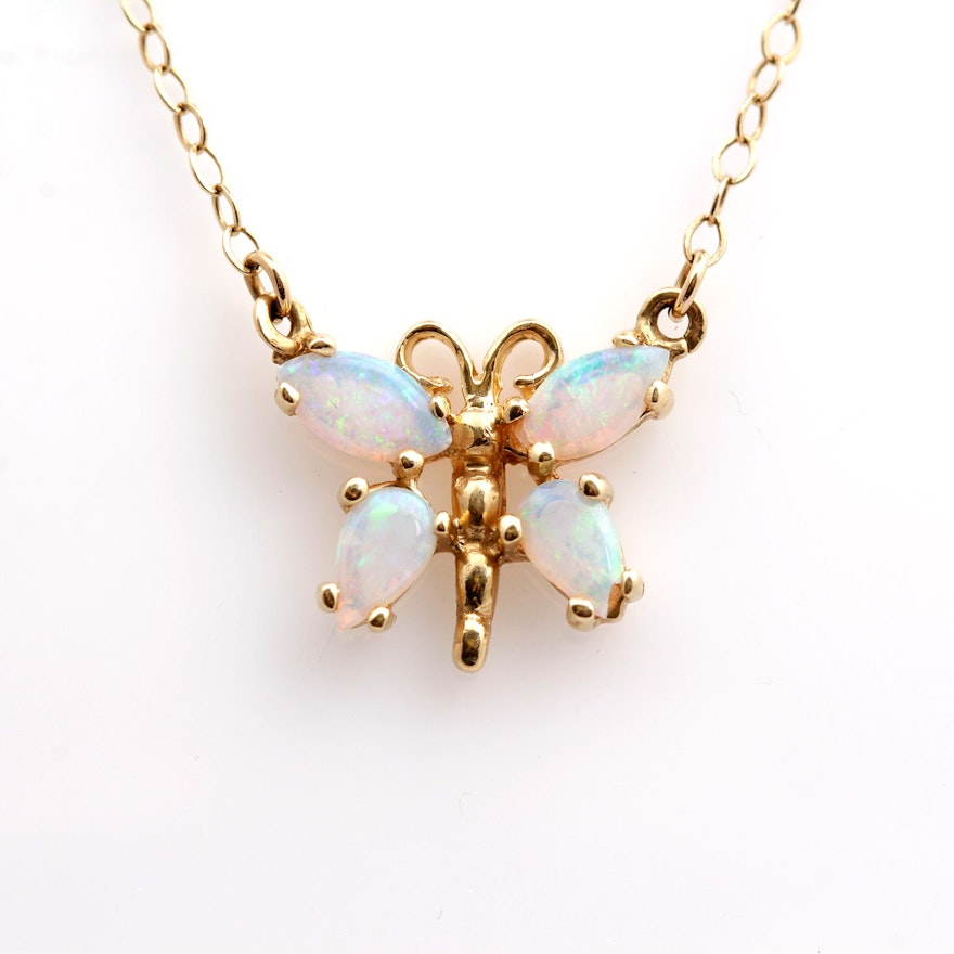 14K Yellow Gold Opal Butterfly Pendant Necklace | EBTH