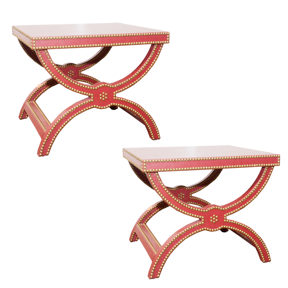 Jacques Garcia Red Leather Curule Style Benches Ebth
