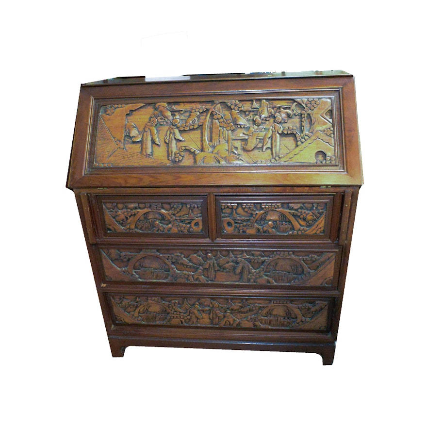 Chinese Inspired Carved Wood Secretary Desk Ebth Chinese Inspired Carved Wood Secretary Desk