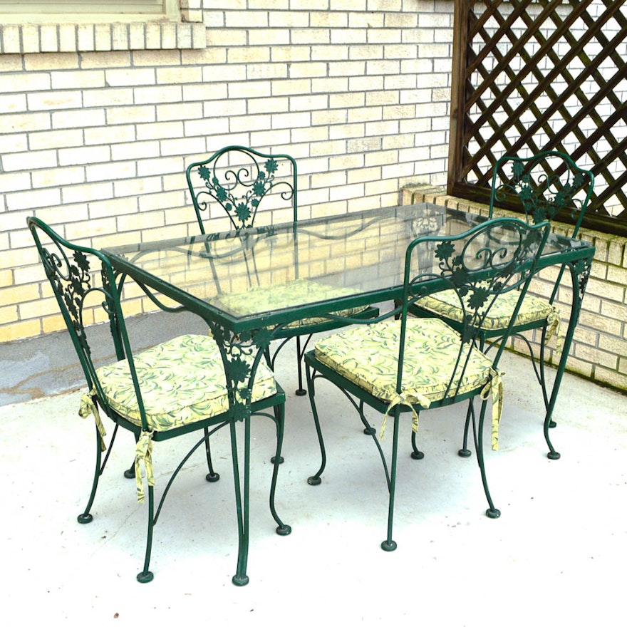Vintage Woodard Glass Top Wrought Iron Table And Four Chairs Ebth