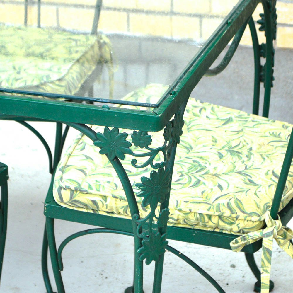 Vintage Woodard Glass Top Wrought Iron Table and Four Chairs EBTH