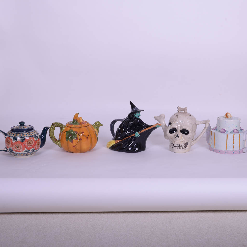 Collection of Halloween Teapots Including the Wicked Witch of the West