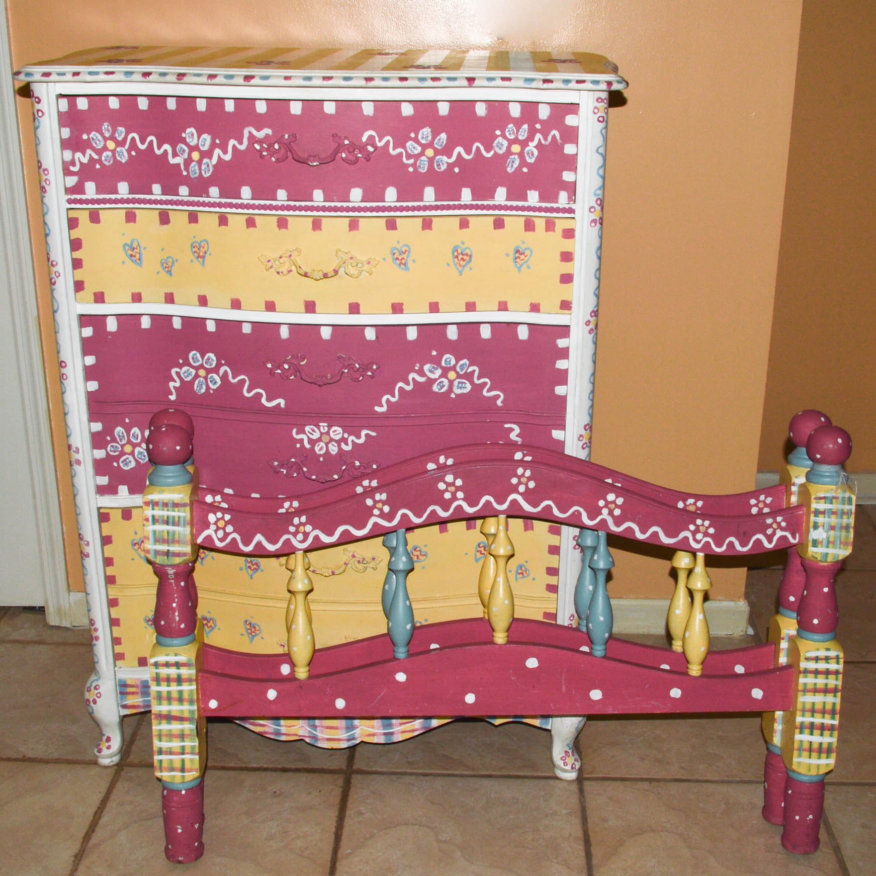 HandPainted Dresser With Twin Size Headboard and Foot Board EBTH