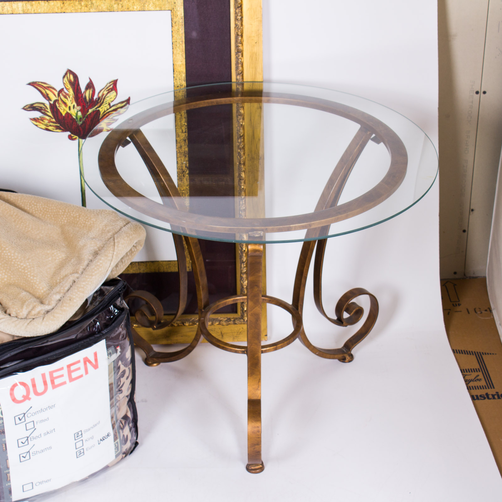 Glass and Metal Accent Table, Artwork and Queen Comforter Set EBTH