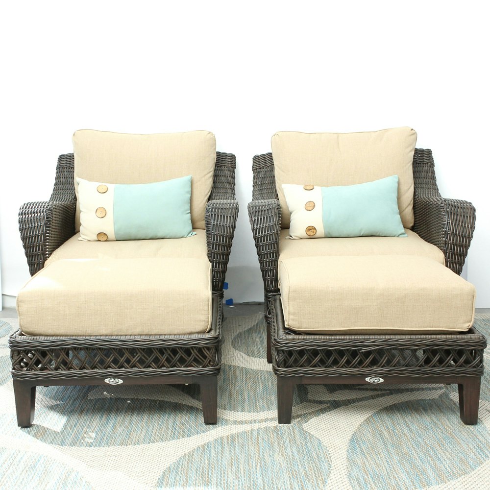 Two Hampton Bay "Woodbury" Wicker Patio Chairs with Ottomans | EBTH
