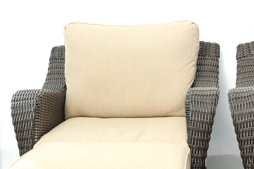 Two Hampton Bay "Woodbury" Wicker Patio Chairs with Ottomans EBTH