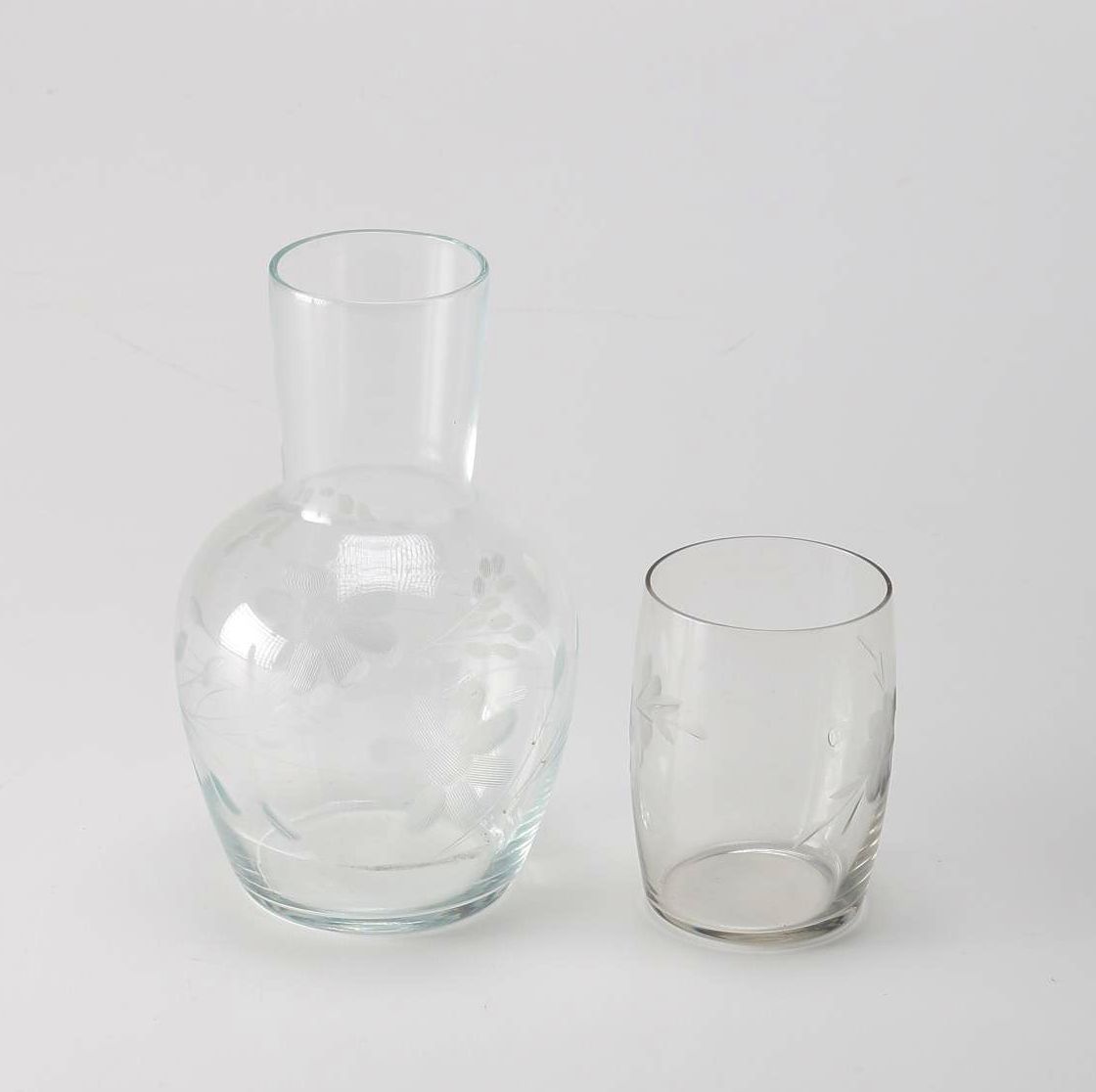 Vintage Etched Glass Bedside Table Water Carafe And Tumbler Ebth