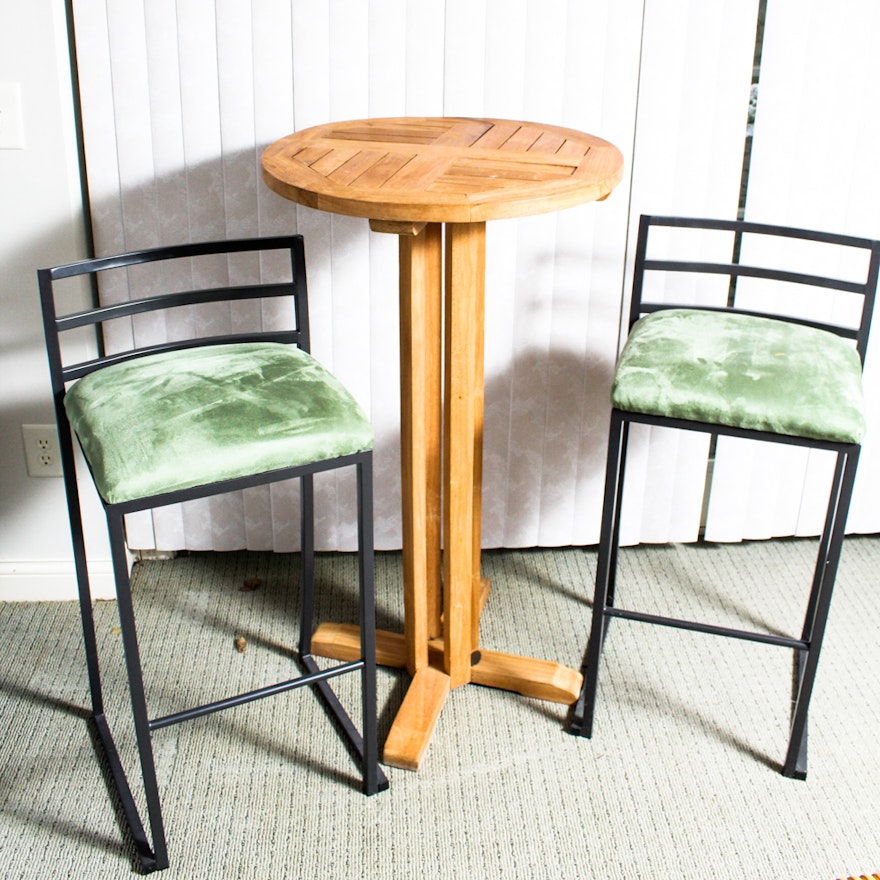 High Top Teak Bar Table And Metal Seats Ebth