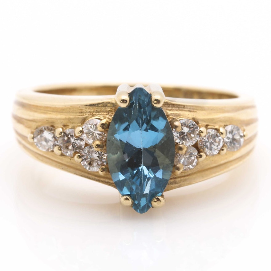 14K Yellow Gold Blue Topaz and Diamond Ring : EBTH